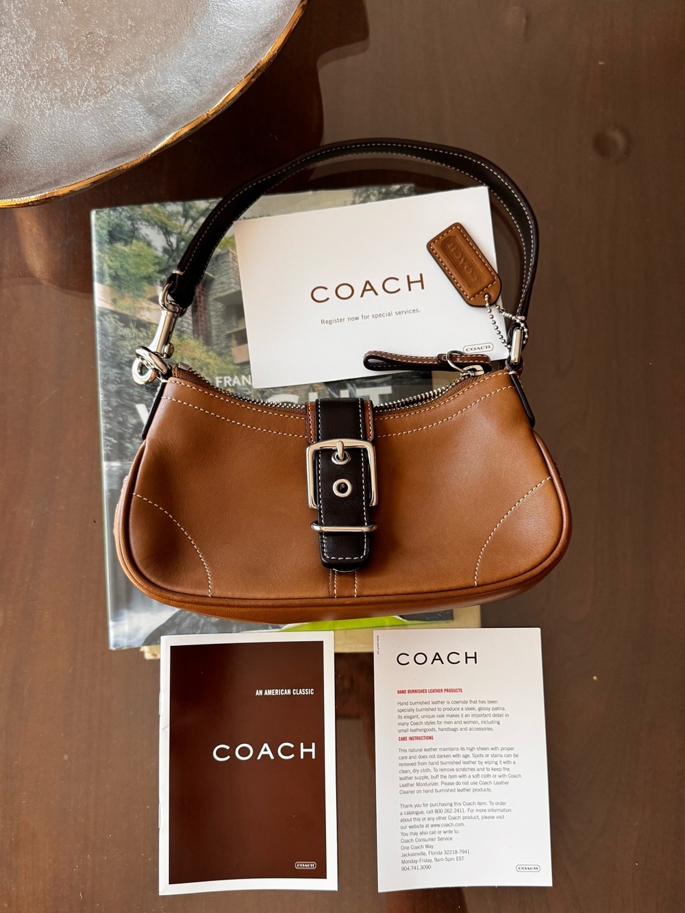 Coach 2000s Y2K Brown Leather Shoulder Bag with Black Strap and Silver Buckle
